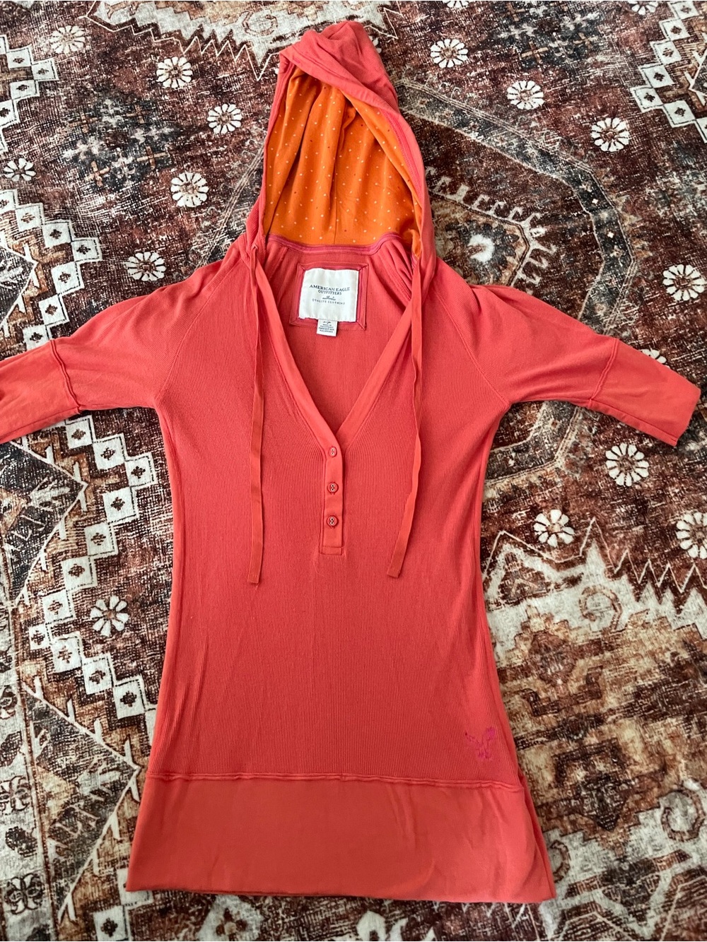 American Eagle Outfitters Coral Hooded Henley with Orange Lining